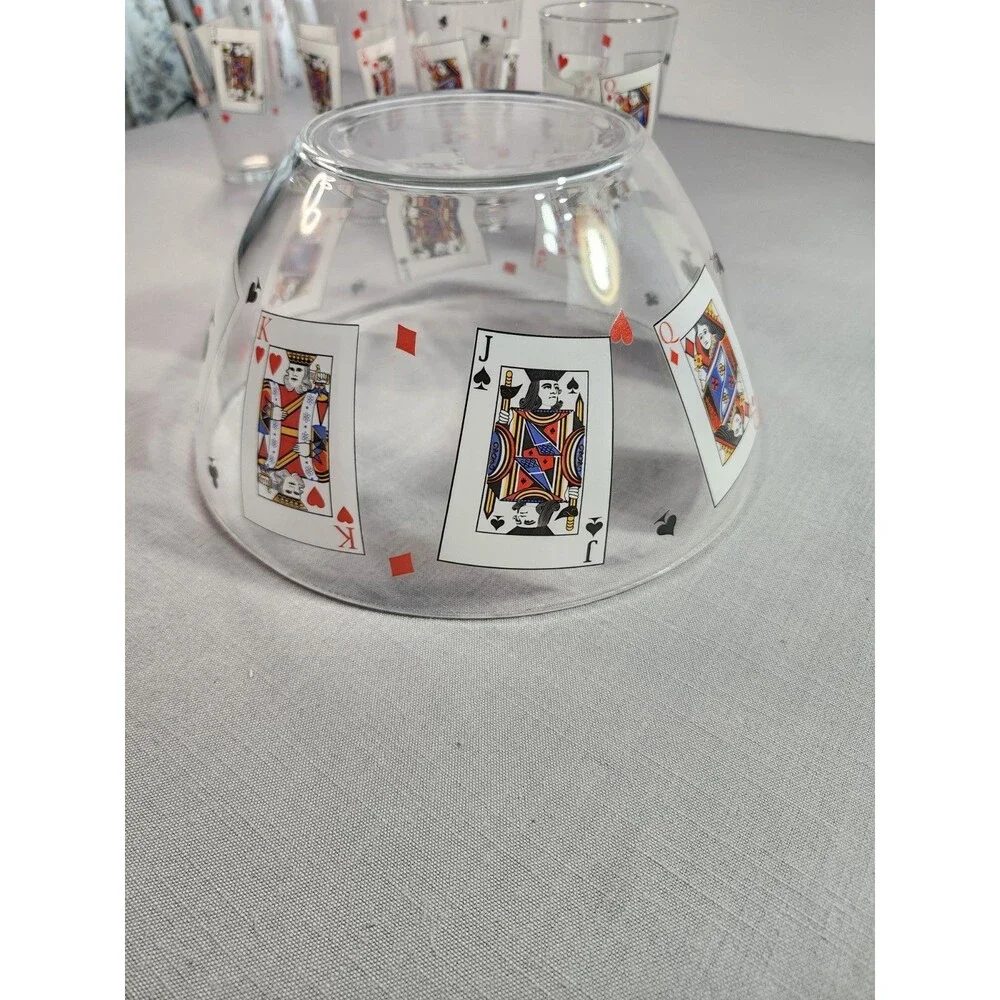 Vintage 6-Piece Playing Card Casino Glassware Set Tumblers Bowl & Tray